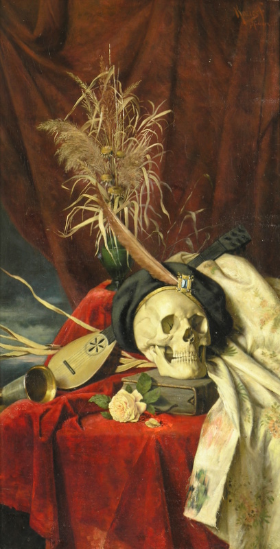 Kozics, František | Zátišie s lebkou | Displayed motifs: Skull, Flower, Plant, Human face, Clothing, Person, Table, 