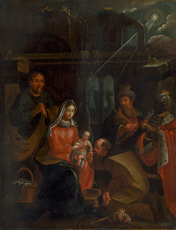 Stredoeurópsky maliar z prelomu 18. - 19. storočia | Kľaňanie troch kráľov | Displayed motifs: Madonna, Veil, Human face, Clothing, Man, Woman, Person, 
