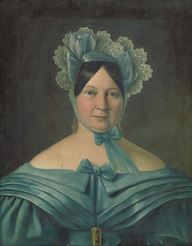 Stredoeurópsky maliar z 1. polovice 19. storočia | Portrét dámy v modrých šatách s čepcom na hlave | Displayed motifs: Human face, Woman, Clothing, Fashion accessory, Coat of arms, 