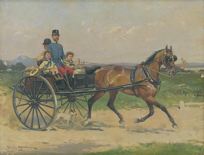 Ajdukiewicz, Tadeusz | Dôstojník s deťmi v bričke | Displayed motifs: Horse, Cart, Coat of arms, Wheel, Person, 