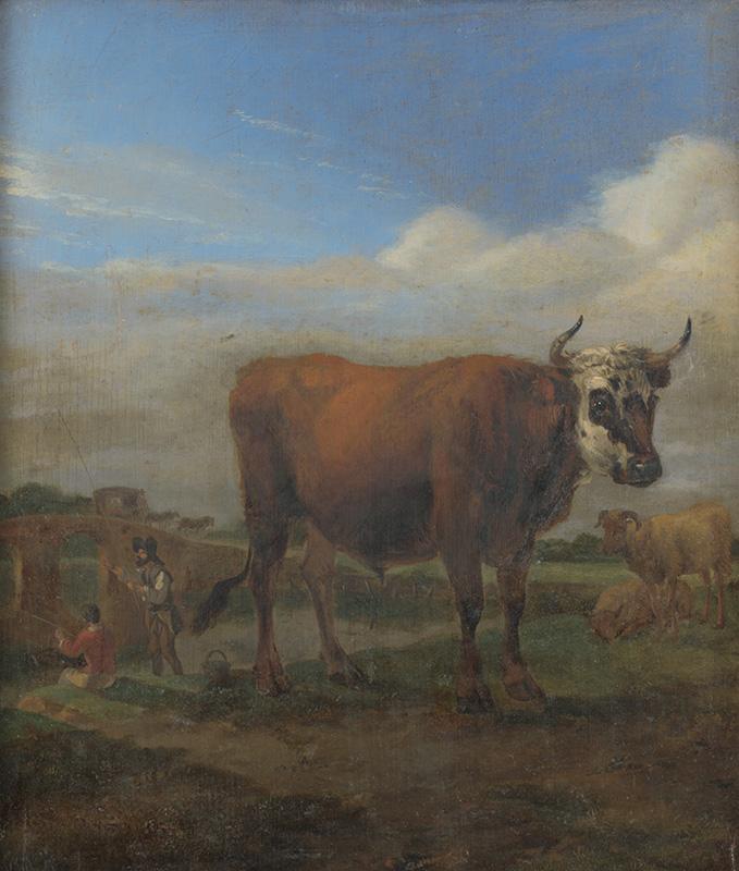 Potter, Paulus | Býk v krajine s rybármi | Displayed motifs: Cattle, Person, Sheep, 