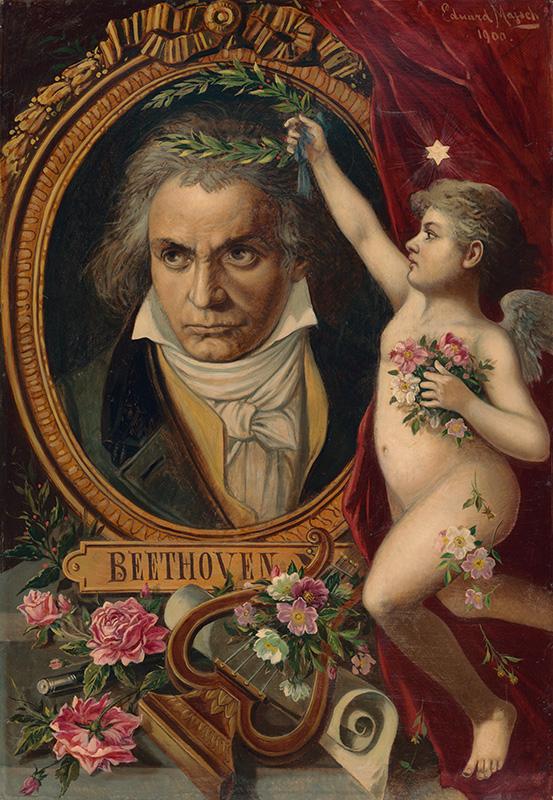 Majsch, Eduard | Apoteóza Beethovena | Displayed motifs: Human face, Woman, Rose, Flower, Clothing, Man, Halo, 