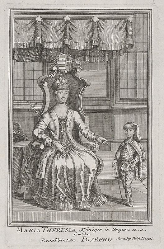 Riegel, Christian | Portrét Márie Terézie s Jozefom | Displayed motifs: Coat of arms, Clothing, Curtain, Man, Person, Woman, Human face, 