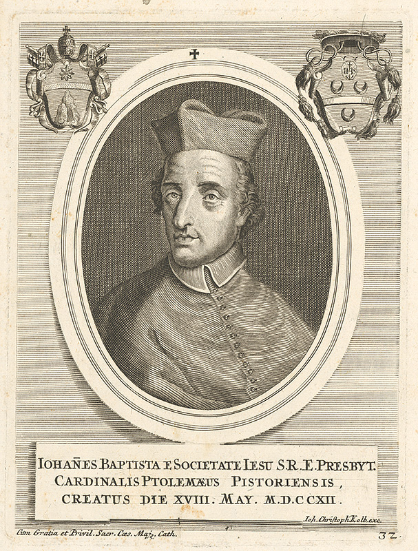 Nemecký grafik z 18. storočia | Portrét kardinála Ptolemaeusa Pistoriensisa | Displayed motifs: Coat of arms, Human face, Man, Clothing, Lamp, Miter, Person, 