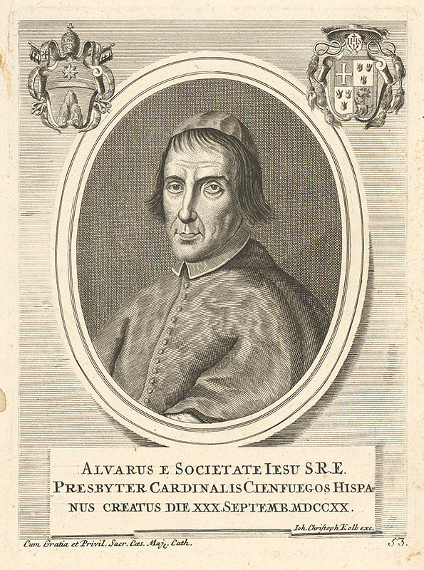 Nemecký grafik z 18. storočia | Portrét presbytera Alvarusa | Displayed motifs: Coat of arms, Human face, Man, Clothing, 