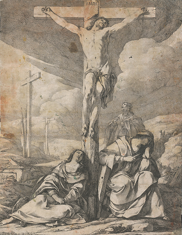 Stredoeurópsky grafik zo 17. storočia | Ukrižovanie | Displayed motifs: Crucifixion, Wound, Latin cross, Clothing, Person, Woman, Madonna, 