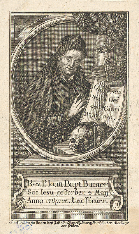 Nemecký grafik z 18. storočia | Portrét P.Johana Baptistu Bamera | Displayed motifs: Human face, Skull, Latin cross, Clothing, Man, Halo, Person, 