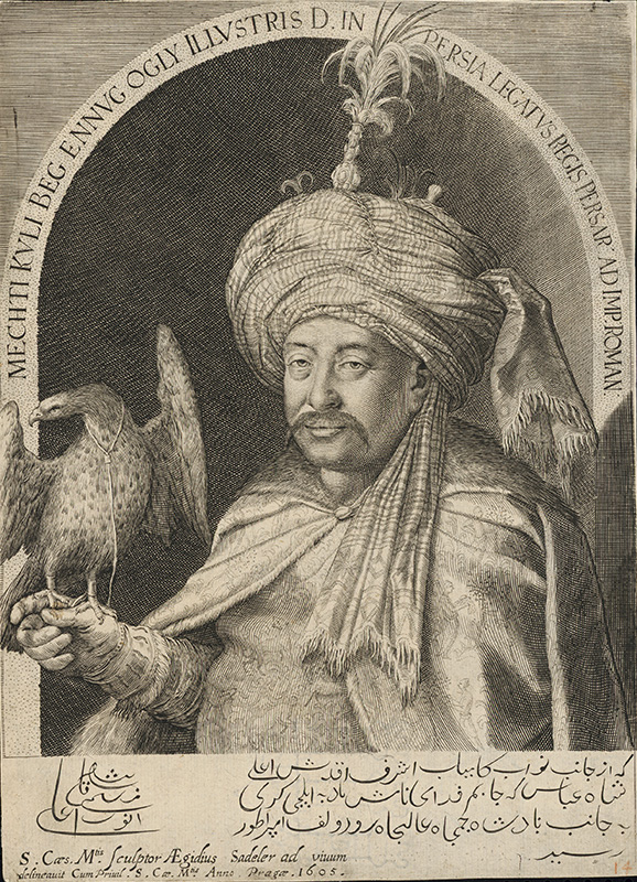 Sadeler II., Aegidius | Portrét perzského vyslanca Mahdiho Quliho Bega | Displayed motifs: Human face, Angel, Person, Clothing, Owl, Bird, Man, 