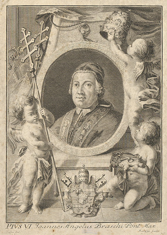 Jahn, Jan Jakub Quirin, Balzer, Jan Jiří | Portrét Pia VI. | Displayed motifs: Coat of arms, Human face, Latin cross, Person, Putto, Clothing, Man, 