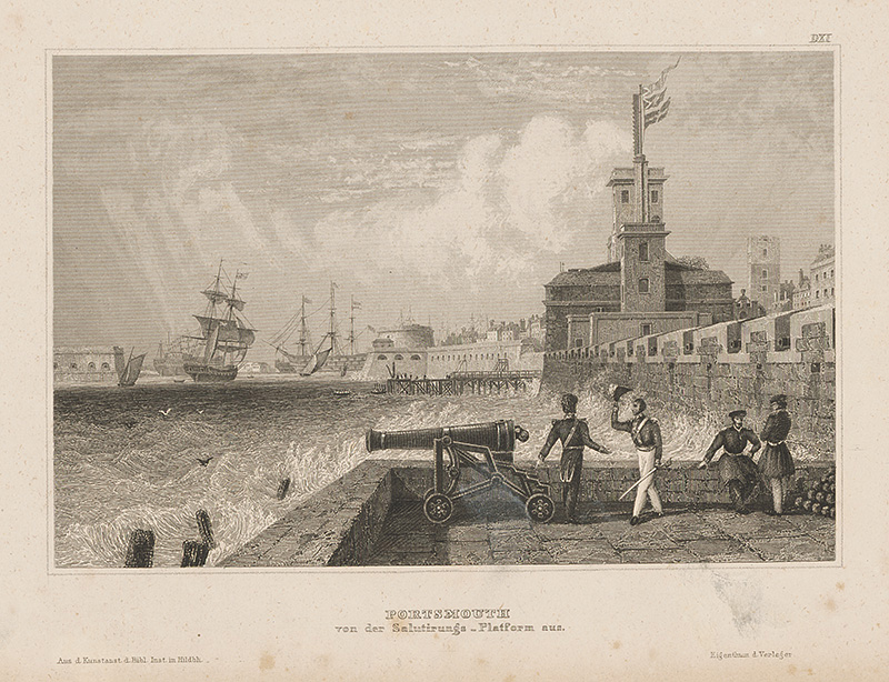 Stredoeurópsky grafik z 19. storočia | Portsmouth | Displayed motifs: Land vehicle, Person, Wheel, Vehicle, Building, Clothing, Boat, 