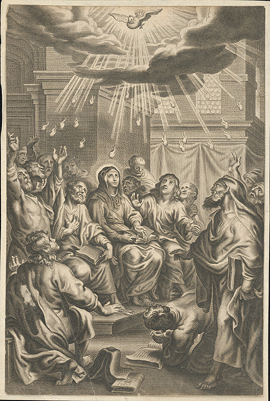 Galle II., Cornelis, Diepenbeeck, Abraham Jansz. van | Zoslanie Ducha Svätého | Displayed motifs: Halo, White dove, Veil, Angel, Person, Man, Human face, 