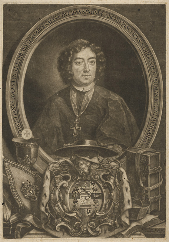 Weigel st., Christoph | Portrét Kristiána Augusta Saského | Displayed motifs: Latin cross, Human face, Clothing, Thorn crown, Coat of arms, Person, Man, 