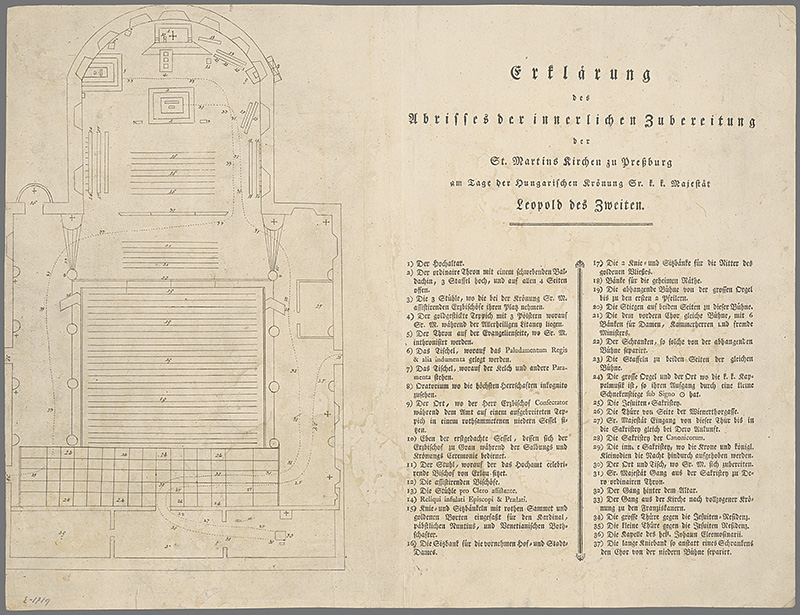 Stredoeurópsky grafik z 18. storočia | Vysvetlenie k vnútornému zariadeniu Dómu sv. Martina v deň korunovania Leopolda II. | Displayed motifs: Book, Coat of arms, 