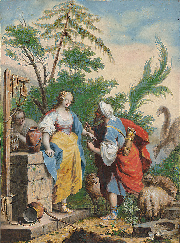 Amigoni, Jacopo | Rebeka pri studni | Displayed motifs: Woman, Tree, Animal, Footwear, Plant, Madonna, Clothing, 