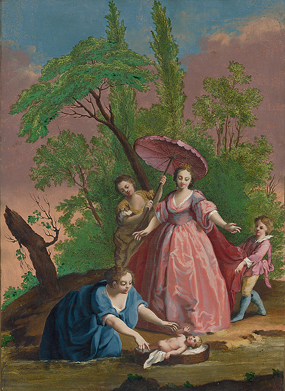 Amigoni, Jacopo | Nájdenie Mojžiša | Displayed motifs: Woman, Halo, Umbrella, Tree, Girl, Clothing, Madonna, 