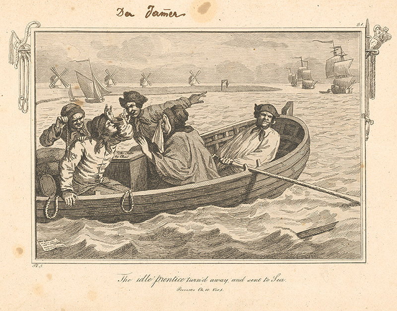 Hogarth, William | Usilovnosť a zaháľka 5. | Displayed motifs: Person, Boat, Man, Canoe, Clothing, 