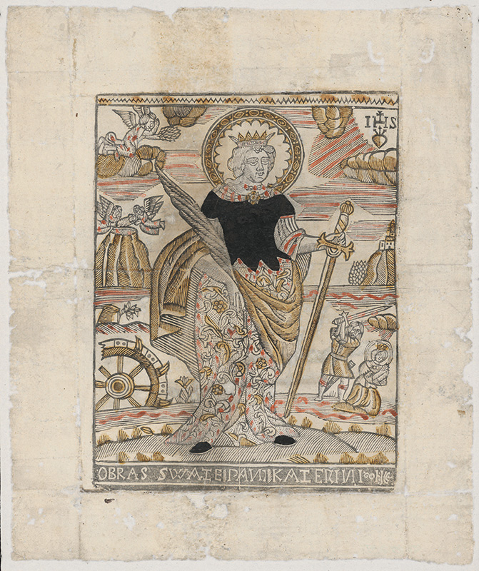 Stredoeurópsky grafik zo 17. storočia | Sv. Katarína | Displayed motifs: Halo, Angel, Person, Clothing, Human face, Latin cross, White dove, 