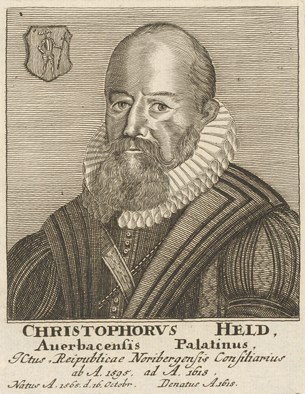 Stredoeurópsky maliar | Portrét Ch. Helda | Displayed motifs: Coat of arms, Human face, Man, Human beard, Clothing, 