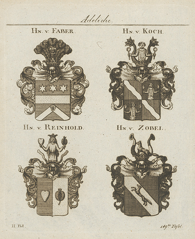 Stredoeurópsky grafik z 18. storočia | Skupina erbov | Displayed motifs: Coat of arms, Furniture, Vehicle, 