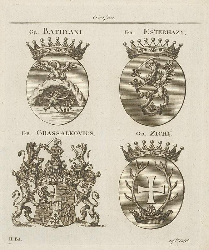 Stredoeurópsky grafik z 18. storočia | Skupina erbov | Displayed motifs: Coat of arms, Land vehicle, Mammal, Person, 