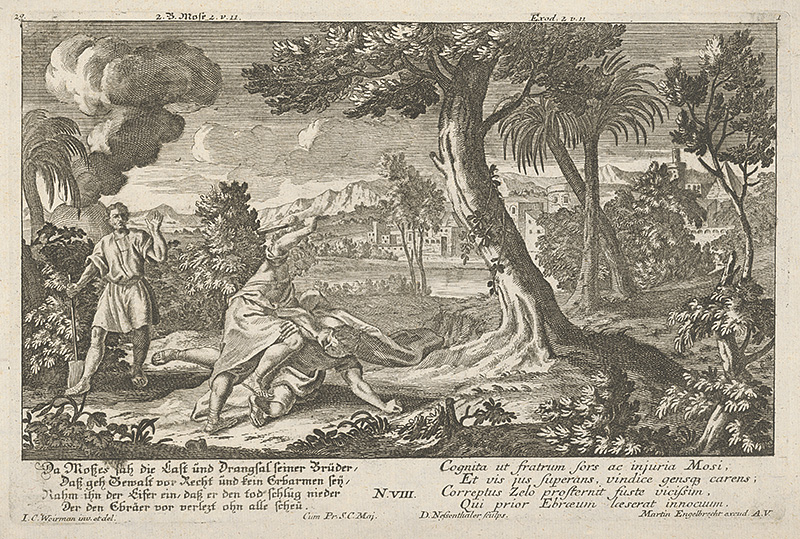 Nessenthaler, Johann David, Weirman, I.C. | Mojžiš zabíja nepriateľa | Displayed motifs: Tree, Man, Person, Palm tree, Clothing, 