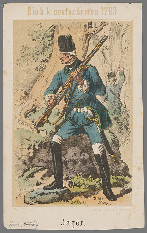 Gerasch, Franz | Poľovník | Displayed motifs: Person, Clothing, Guitar, Footwear, Latin cross, Human face, Man, 