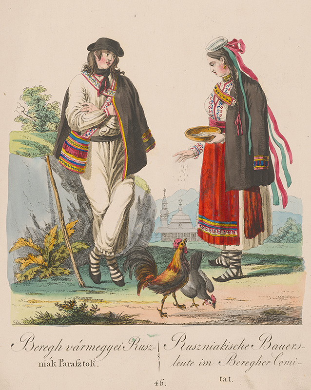 Stredoeurópsky grafik z 19. storočia | Sedliaci z Bereghskej stolice | Displayed motifs: Chicken, Clothing, Woman, Human face, Person, Plant, Footwear, 