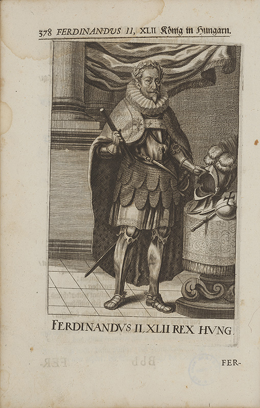 Stredoeurópsky grafik zo 17. storočia | Portrét Ferdinanda II. Habsburského | Displayed motifs: Thorn crown, Clothing, Person, Footwear, Human face, Man, 