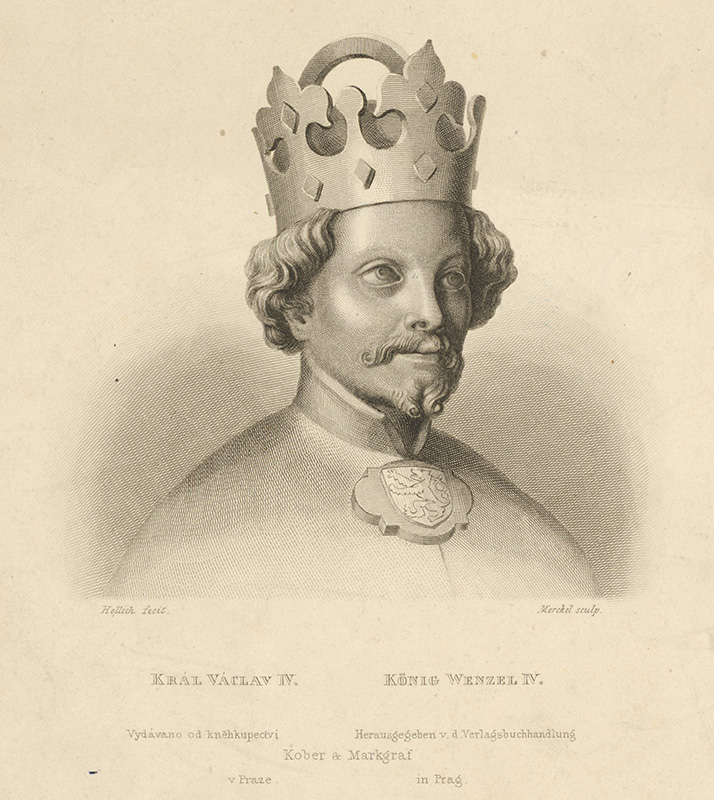 Hellich, Josef Vojtěch, Merckel, Carl Gottlieb | Portrét kráľa Václava IV. | Displayed motifs: Coat of arms, Human face, Miter, Man, Person, Clothing, Human head, 