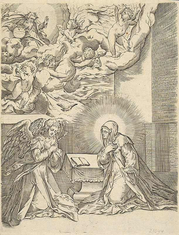 Stredoeurópsky grafik z 1. polovice 17. storočia | Zvestovanie Panne Márii | Displayed motifs: Angel, Halo, Veil, Putto, White dove, Clothing, Human face, 