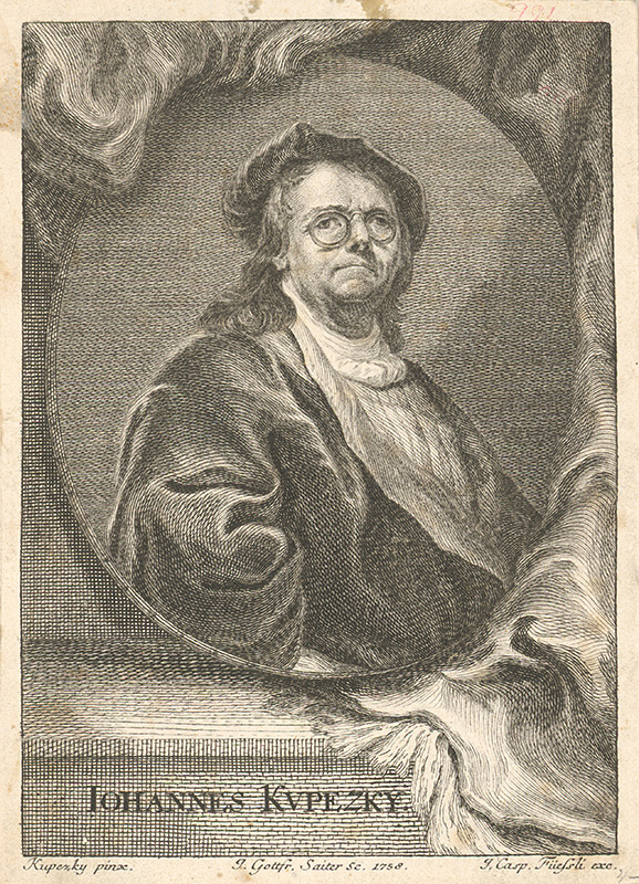 Saiter, Johann Gottfried, Kupecký, Ján, Füssli, Johann Casper | Autoportrét Jána Kupeckého | Displayed motifs: Human face, Clothing, Man, Glasses, Woman, Person, 