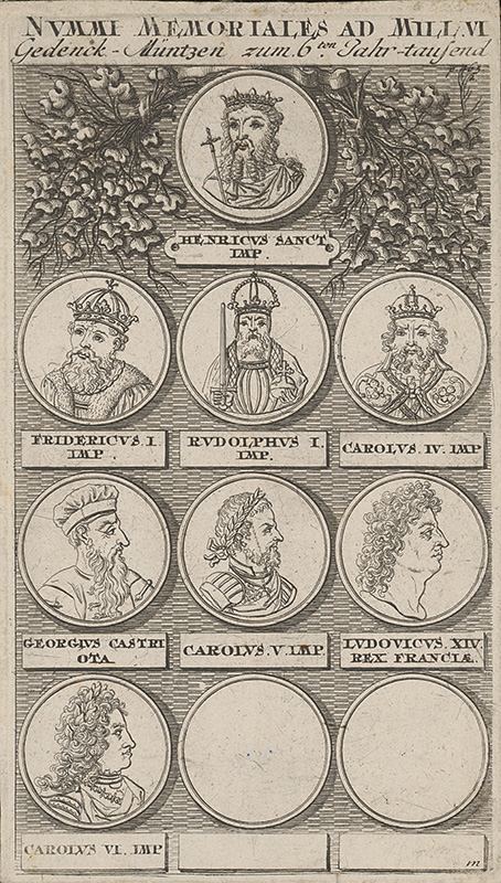 Stredoeurópsky maliar z 18. storočia | Medaila zo VI.storočia | Displayed motifs: Human face, Coat of arms, Person, Coin, Clothing, Man, Halo, 