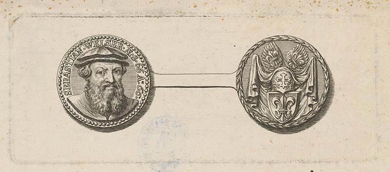 Stredoeurópsky maliar z 18. storočia | Pamätná medaila Sebastiana Walzera | Displayed motifs: Coat of arms, Coin, Human face, Halo, Clothing, Man, Human head, 