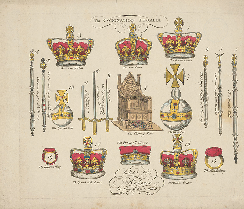 Stredoeurópsky grafik z 19. storočia | Korunovačné znaky anglického kráľa | Displayed motifs: Coat of arms, Crown, Baked goods, 