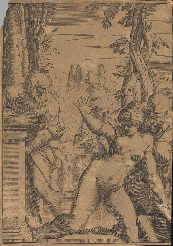 Stredoeurópsky grafik zo 17. storočia | Zuzana v kúpeli | Displayed motifs: Putto, Person, Tree, Clothing, Human face, 