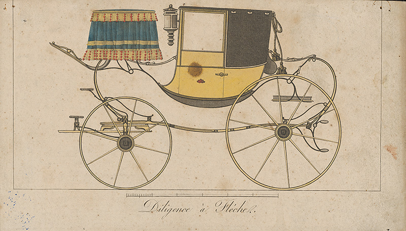 Stredoeurópsky grafik z 19. storočia | Vežičkový dostavník | Displayed motifs: Coat of arms, Wheel, Cart, Clothing, Vehicle, Land vehicle, 