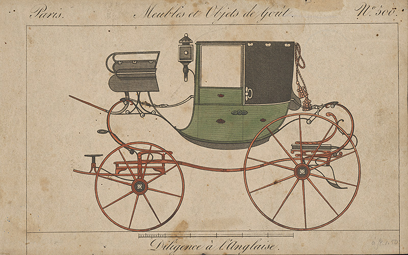 Stredoeurópsky grafik z 19. storočia | Anglický dostavník | Displayed motifs: Coat of arms, Wheel, Cart, 