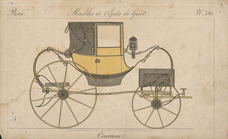 Stredoeurópsky grafik z 19. storočia | Bežecký dostavník | Displayed motifs: Coat of arms, Cart, Wheel, 