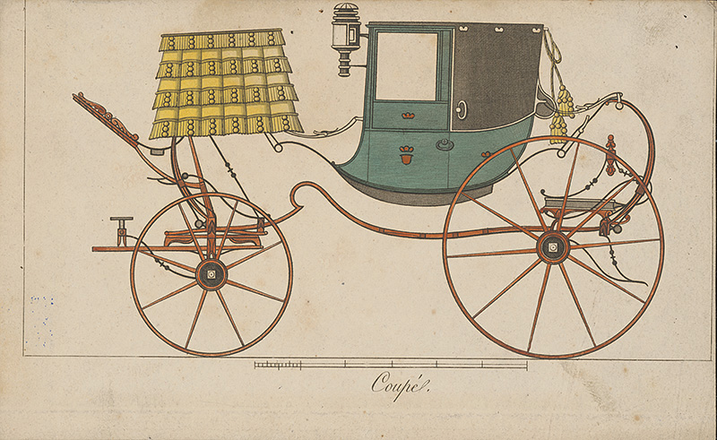 Stredoeurópsky grafik z 19. storočia | Koč-coupé | Displayed motifs: Coat of arms, Wheel, Cart, Clothing, Land vehicle, Vehicle, 