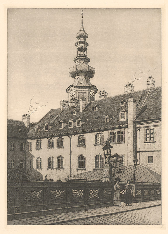 Stredoeurópsky grafik z 1. polovice 20. storočia | Michalská brána v Bratislave | Displayed motifs: Tower, Building, House, Clothing, Window, 