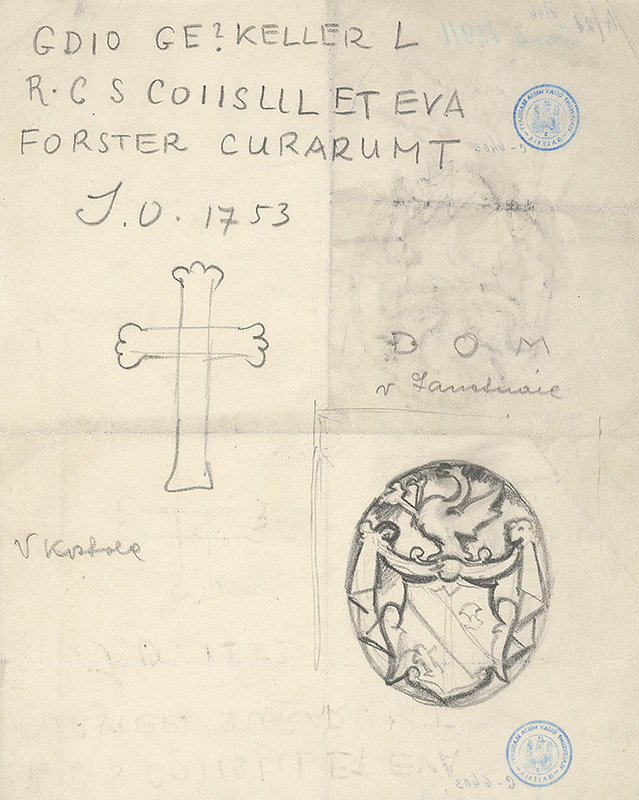 Ladvenica, Ján | Štúdia kríža a erbu z Dómu v Lanšvári | Displayed motifs: Coat of arms, Skull, Latin cross, 