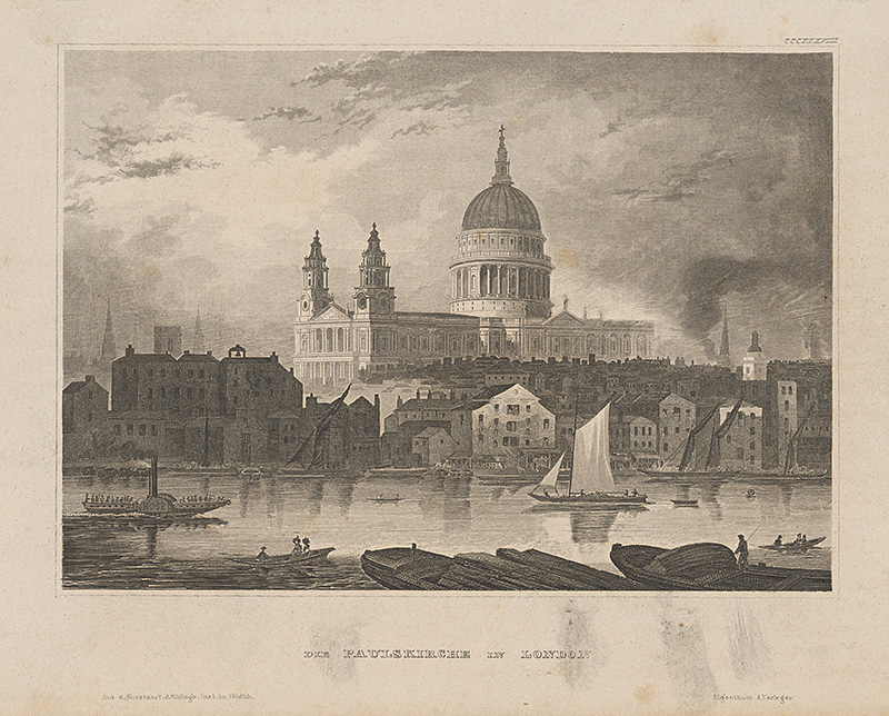 Stredoeurópsky grafik z 19. storočia | Kostol sv.Pavla v Londýne | Displayed motifs: Boat, Building, Vehicle, 