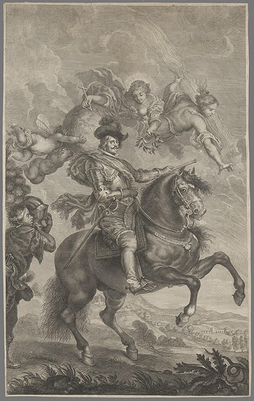 Stredoeurópsky grafik zo 17. storočia | Portrét Filipa IV. Španielskeho | Displayed motifs: Halo, Horse, Putto, Person, Human face, Man, Latin cross, 