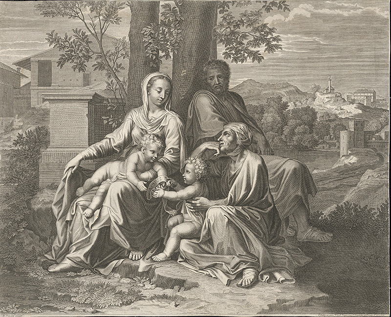 Poussin, Nicolas, Poilly, Francois de | Svätá rodina so sv. Annou a Jánom Krstiteľom | Displayed motifs: Madonna, Woman, Veil, Clothing, Tree, Man, Human face, 