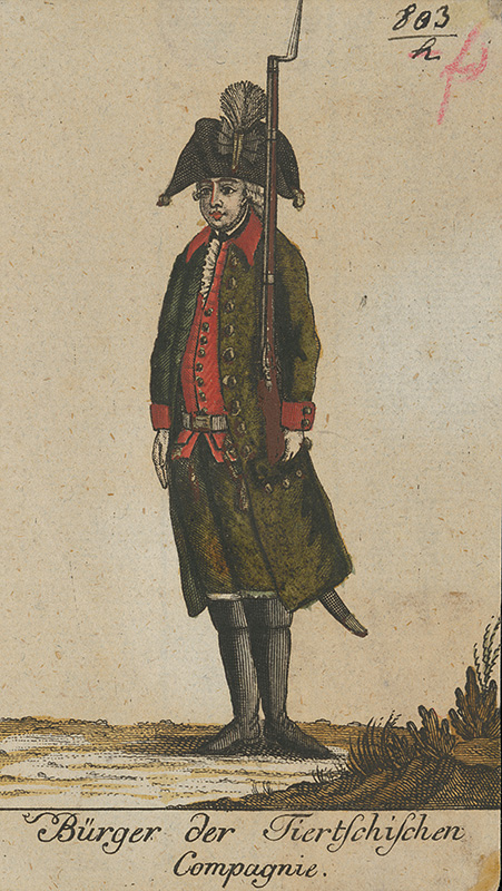 Stredoeurópsky grafik z 18. storočia | Mešťan Tirtschischenského pluku | Displayed motifs: Person, Clothing, Human face, Skirt, Dress, 