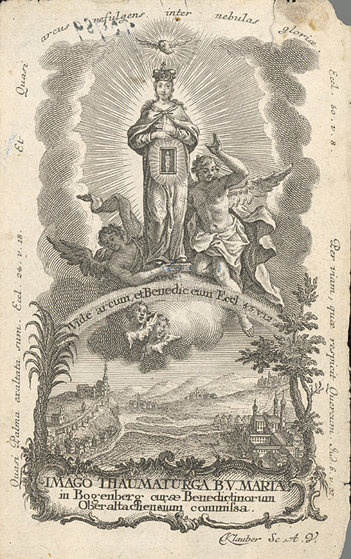 Klauber, Joseph Sebastian | Svätý obrázok s vyobrazením milosrdnej sochy Panny Márie z Bogenbergu | Displayed motifs: Angel, White dove, Putto, Person, Tree, Halo, Man, 