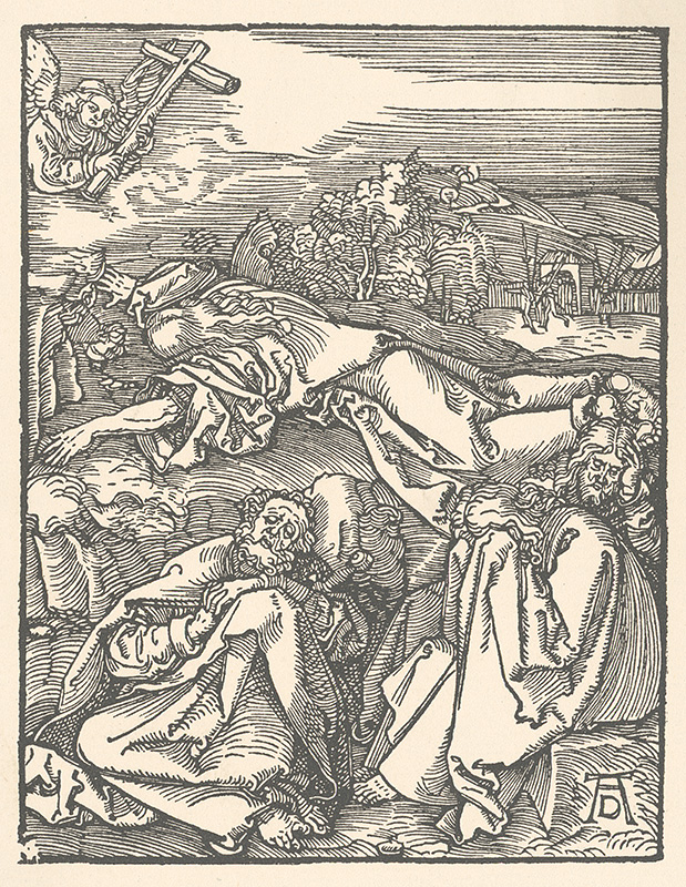 Dürer, Albrecht | Ježiš na hore Olivetskej | Displayed motifs: Latin cross, Human face, Person, Clothing, Man, Mammal, 