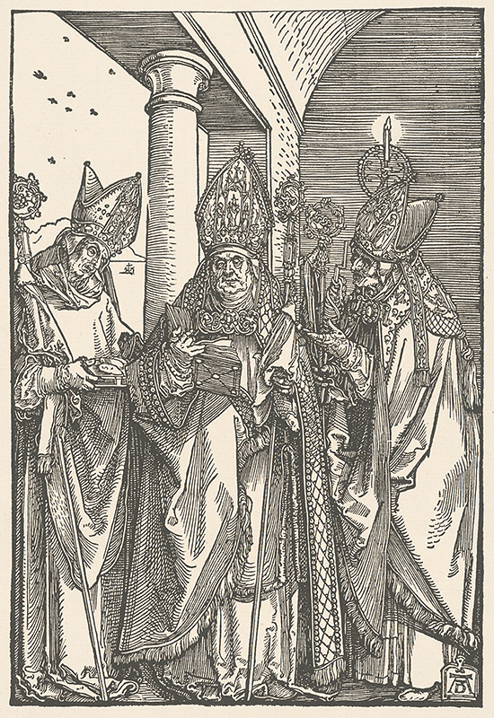 Dürer, Albrecht | Biskupovia Mikuláš, Ulrich a Erasmus | Displayed motifs: Miter, Clothing, Person, Human face, 