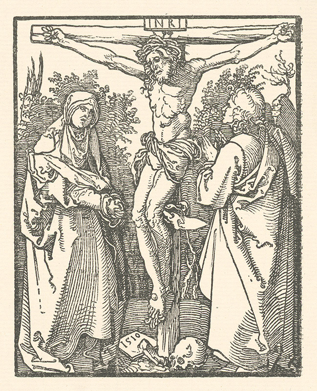 Dürer, Albrecht | Kristus na kríži | Displayed motifs: Thorn crown, Veil, Clothing, Person, Human face, Wound, 