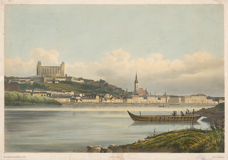 Sandmann, Franz Josef, Alt, Jakob | Bratislava z juhu | Displayed motifs: Boat, Building, Tower, 